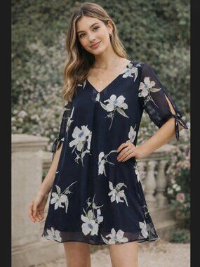 Soprano Floral Dress M Navy Cold Shoulder Sheer Slit Sleeve Tie Wedding USA NWT